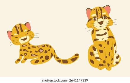 Set cartoon ocelot isolated, sitting and sleeping flat vector sketch doodle