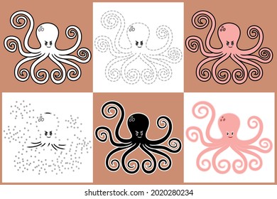 Set of cartoon OCTOPUS in 6 styles, Vector illustration