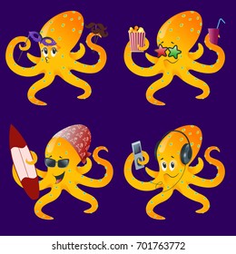 Set of cartoon octopus on holiday: carnival, cinema, surfing, listening to music. Vector