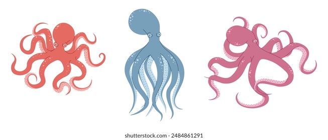 Set of cartoon octopuses on a white background. Vector illustration of sea animals in doodle style. Suitable for decoration, sticker design