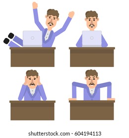 set of cartoon office worker in various poses for use in presentations, infographic or website. Happy, angry and sad office worker.