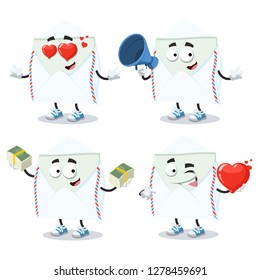 set of cartoon open envelope with a message inside character mascot on white background