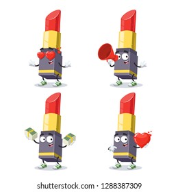 set of cartoon open lipstick red pomade character mascot on white background