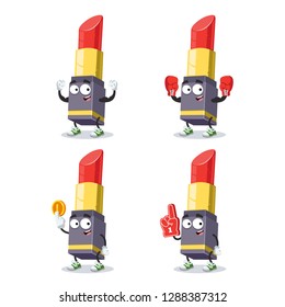 set of cartoon open lipstick red pomade character mascot on white background