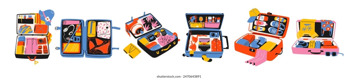 Conjunto de caricatura de equipaje abierto, bolsas de viaje, maletas con ropa para viajar. Embalaje para vacaciones, playa. Ropa diversa, accesorios, concepto de vacaciones. Vector doodle dibujo groovy en estilo retro