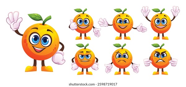 Set of cartoon orange characters with various facial expressions and gestures. Vector illustration