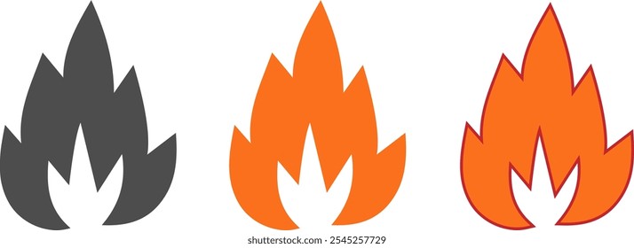 Set of cartoon orange fire, dark gray silhouette and orange fire with red icon color.