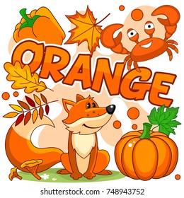 A set of cartoon orange pictures for children, featuring a fox, crab, pumpkin, leaves, mushrooms and peppers on an orange background.