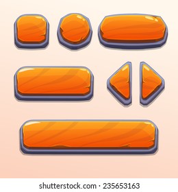 Set of cartoon orange stone buttons, bright vector ui elements