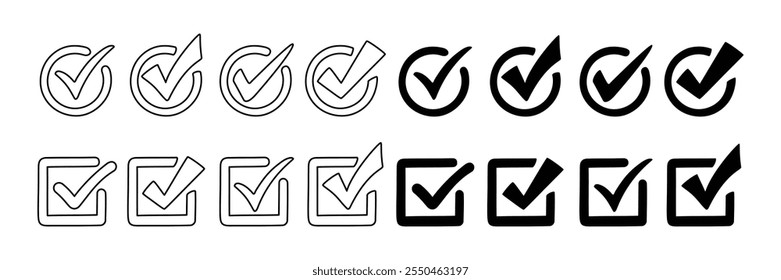 Conjunto de símbolos de marca de verificación de contorno de dibujos animados. Marque la Ilustración vectorial simple del icono plano. Ilustraciones para decorar tarjetas e invitaciones, vallas publicitarias y folletos.