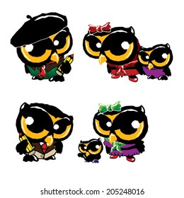 Set of cartoon owl include child and parents for intellectual or concept design