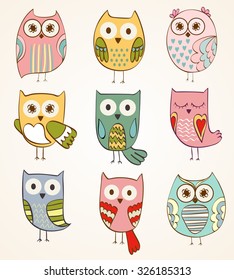 Set of cartoon owls in beautiful colors