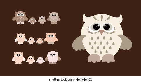 Set of cartoon owls. Cute owl family. 