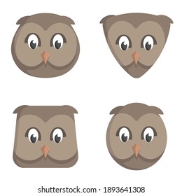 Set of cartoon owls. Different shapes of animal heads.