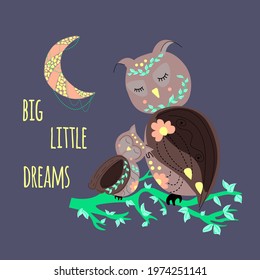 Set cartoon owls sleep on a branch, cute moon. Lines, doodle, minimalism, slogan. Vector illustration isolated with slogan, print on clothing, textiles, postcards and other.

