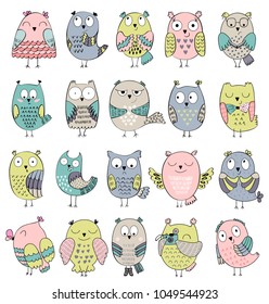 Set of cartoon owls with various emotions.