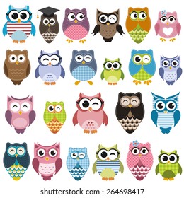 Set of cartoon owls with various emotions 