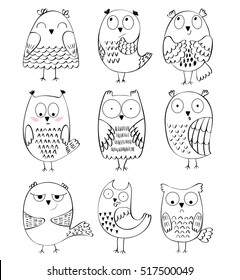 Set of cartoon owls with various emotions.