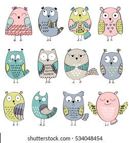 Set of cartoon owls with various emotions.