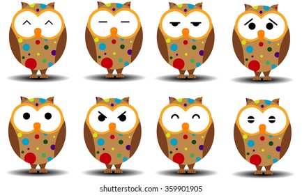 Set of cartoon owls with various facial expressions. Isolated white.