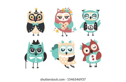 Set of cartoon owls. Vector illustration on a white background.
