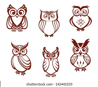 Set of cartoon owls for wisdom or education concept design. All birds are isolated on white background. Jpeg version also available in gallery 