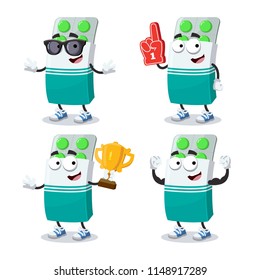 set of cartoon package box with pills mascot on white background