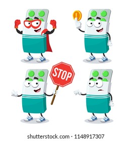 set of cartoon package box with pills mascot on white background