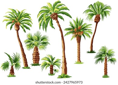 Set of cartoon palm trees isolated on white background