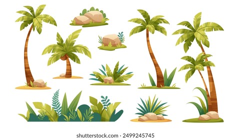 Conjunto de palmeras de dibujos animados sobre fondo blanco. Plantas tropicales, decoración para el verano, playa. Elementos de Vector