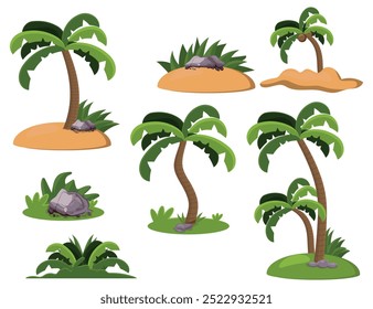 Set of cartoon palm trees on white background. Tropical plants, decoration for summer, beach. Vector elements.