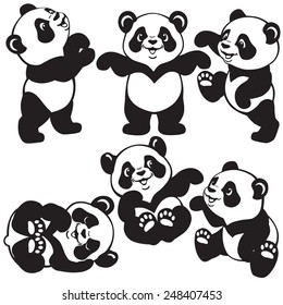 set with cartoon panda bear , black and white images for little kids