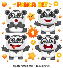 Set of cartoon panda bear kawaii characters. Various emotions. Vector illustration