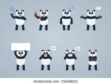 Set of cartoon panda characters posing in different situations. Cheerful panda karaoke singing, dancing, sleeping, thinking, holding banner, surprised, laughing, serious. Flat vector illustration