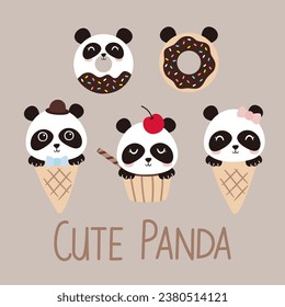 Set of cartoon panda donuts ice creams for decorative and design pattern packaging. Dessert and sweet collection Isolated. Cute Kawaii panda desserts vector illustration.