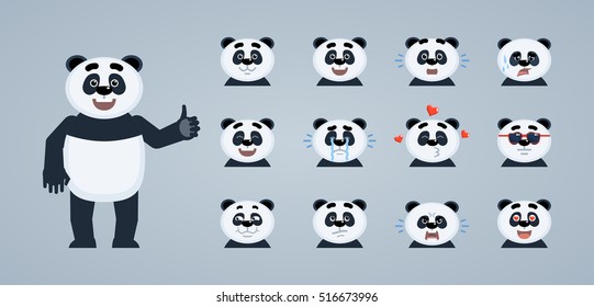 Set of cartoon panda emoticons. Panda avatars showing different facial expressions. Happy, sad, smile, laugh, cry, tired, in love, angry and other emotions. Flat vector illustration