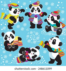 set with cartoon panda in winter time , images for little kids