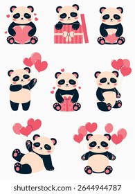 Set of cartoon pandas with heart-shaped balloons. Valentine's Day images. Flat vector illustration.