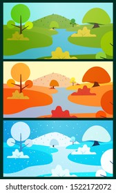 Set of cartoon panoramic landscape background in different seasons. Flat colorful concept in winter, spring, summer, autumn. Vector horizontal illustration. Template for design banner, poster, card.