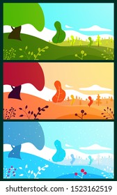 Set of cartoon panoramic landscape background in different seasons. Flat colorful concept in winter, spring, summer, autumn. Vector horizontal illustration. Template for design banner, poster, card.