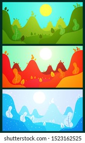Set of cartoon panoramic landscape background in different seasons. Flat colorful concept in winter, spring, summer, autumn. Vector horizontal illustration. Template for design banner, poster, card.