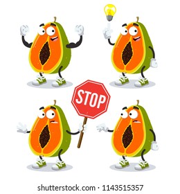 set of cartoon papaya mascot on white background