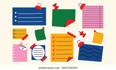 Set of cartoon paper notes in retro doodle style – colorful memo stickers, planner scraps, school stationery clippings and office reminders. Vector collection of to-do lists and sticky notes for journ