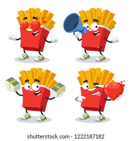 set of cartoon paper packaging french fries potatoes character mascot on white background