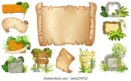 Set cartoon paper, wooden and stone panels with space for message. Isolated games elements with tropical lianas, rocks and boards. Vector illustration on white background.