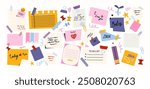 Set of cartoon papers notes, office forms. Sticky stickers reminders, notebook clippings, to-do list, to-do list, school stationery, planner, reminders on paper. Vector set of patches in retro doodle 