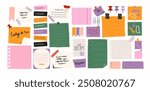 Set of cartoon papers notes, office forms. Sticky stickers reminders, notebook clippings, to-do list, to-do list, school stationery, planner, reminders on paper. Vector set of patches in retro doodle 