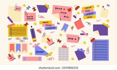 Set of cartoon papers notes, office forms. Sticky stickers reminders, notebook clippings, to-do list, to-do list, school stationery, planner, reminders on paper. Vector set of patches in retro doodle