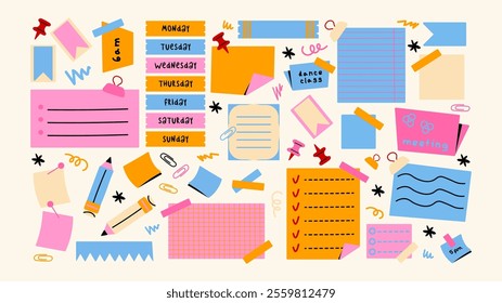 Set of cartoon papers notes, office forms. Sticky stickers reminders, notebook clippings, to-do list, to-do list, school stationery, planner, reminders on paper. Vector set of patches in retro doodle 