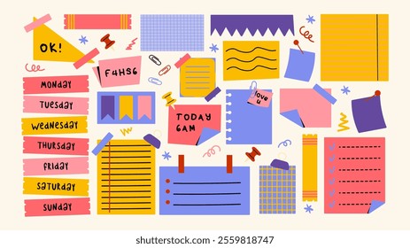 Set of cartoon papers notes, office forms. Sticky stickers reminders, notebook clippings, to-do list, to-do list, school stationery, planner, reminders on paper. Vector set of p